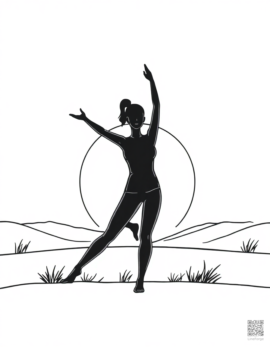 yoga pose silhouette at sunrise coloring page Contour style - free printable