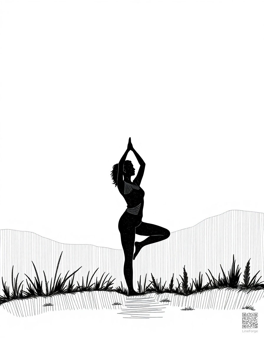 yoga pose silhouette at sunrise coloring page Crosshatch style - free printable