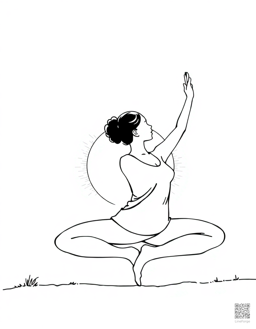 yoga pose silhouette at sunrise coloring page Manga style - free printable
