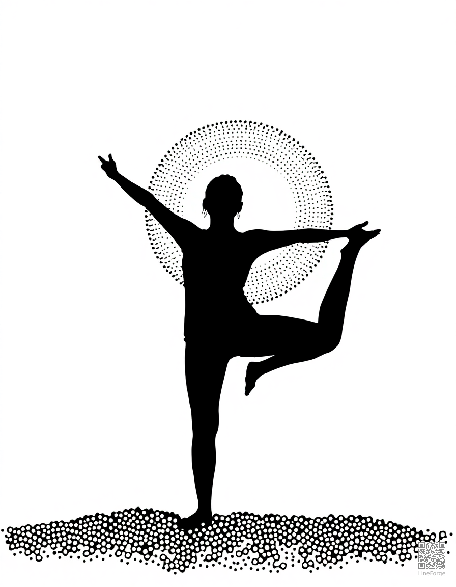 yoga pose silhouette at sunrise coloring page Stipple style - free printable