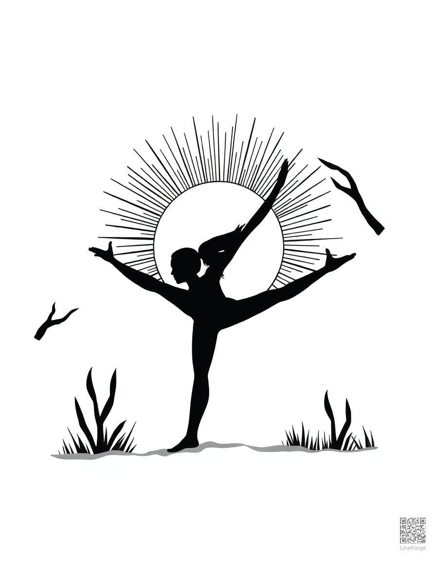 yoga pose silhouette at sunrise coloring page Woodcut style - free printable