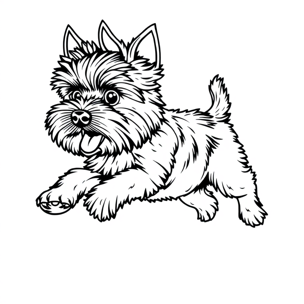 Yorkshire Terrier dog — playing and running, energetic and joyful coloring page Contour style - free printable