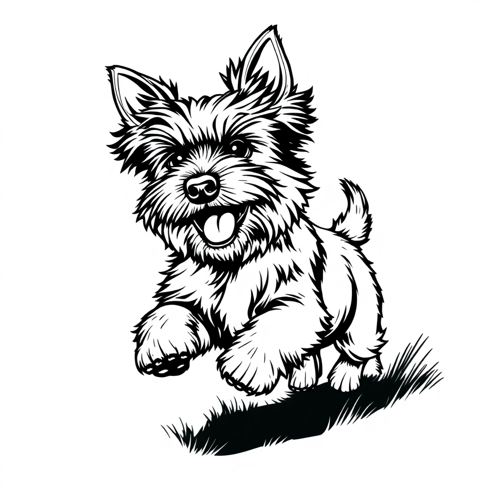 Yorkshire Terrier dog — playing and running, energetic and joyful coloring page Manga style - free printable