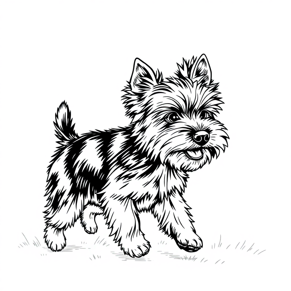 Yorkshire Terrier dog — playing and running, energetic and joyful coloring page Rockwell style free printable