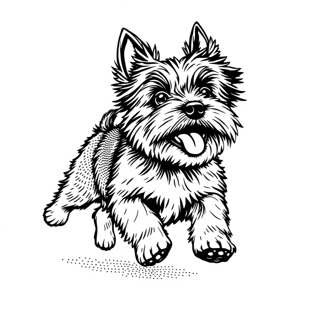 Yorkshire Terrier dog — playing and running, energetic and joyful coloring page Stipple style - free printable