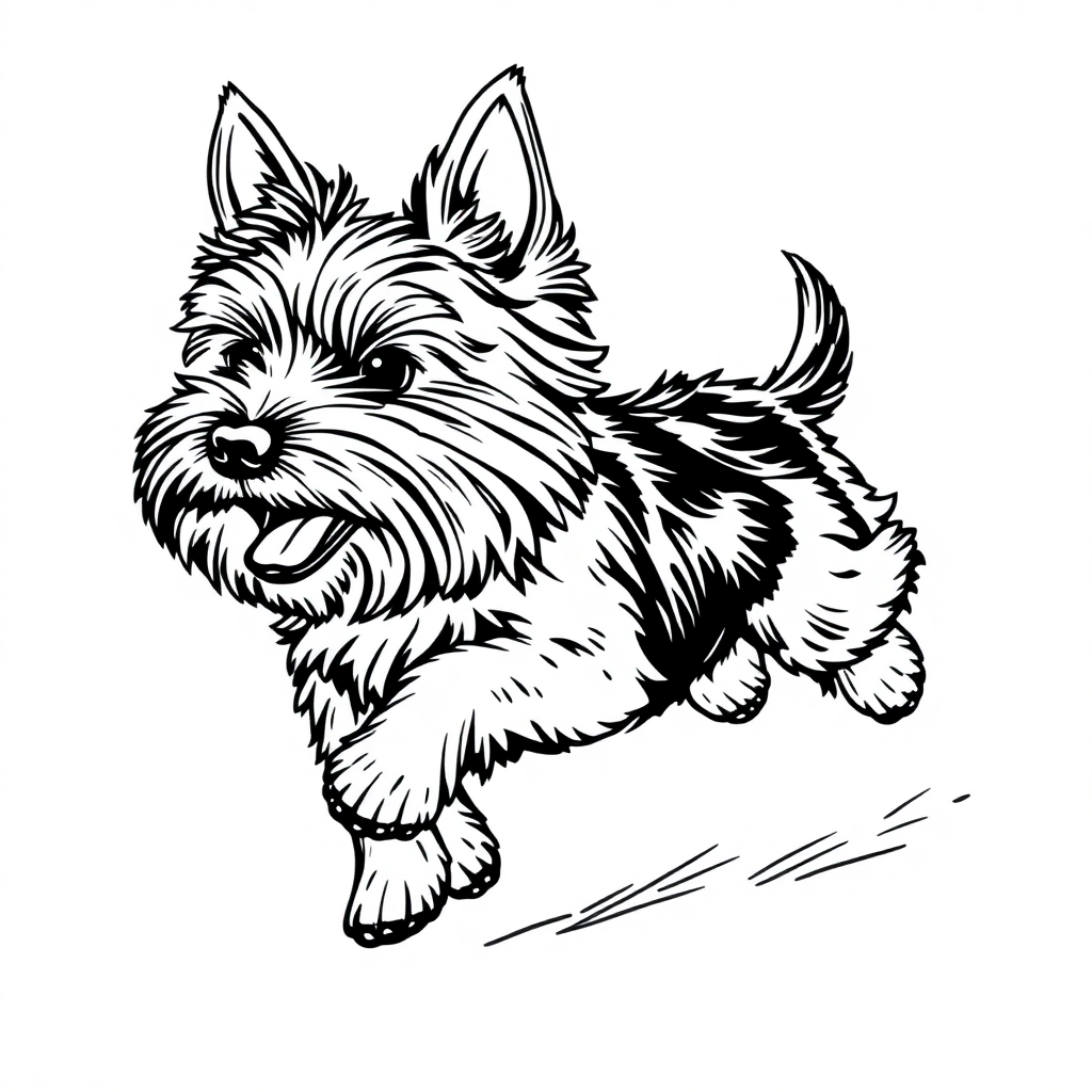 Yorkshire Terrier dog — playing and running, energetic and joyful coloring page Woodcut style - free printable