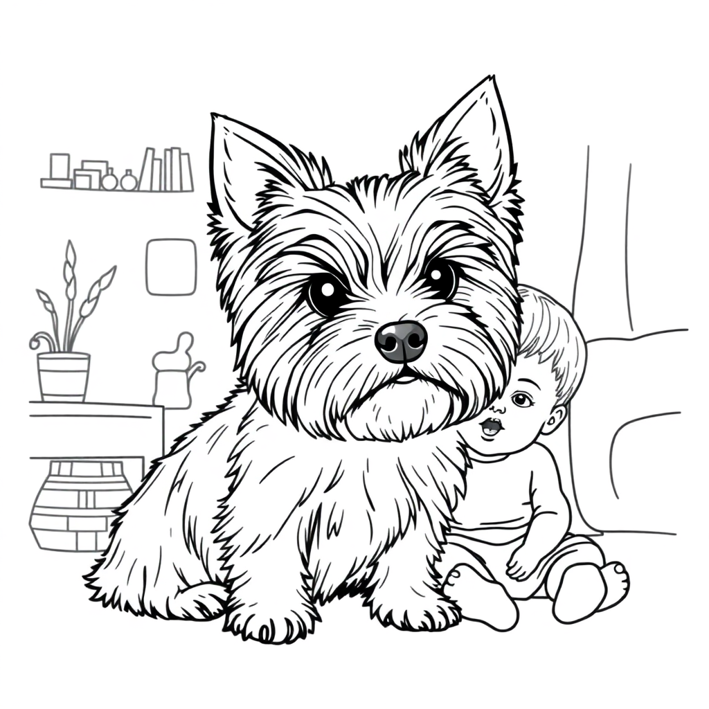 Yorkshire Terrier dog — with a young child in a cozy home setting coloring page Contour style - free printable