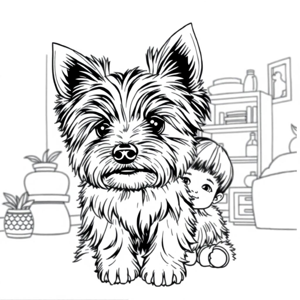 Yorkshire Terrier dog — with a young child in a cozy home setting coloring page Manga style - free printable
