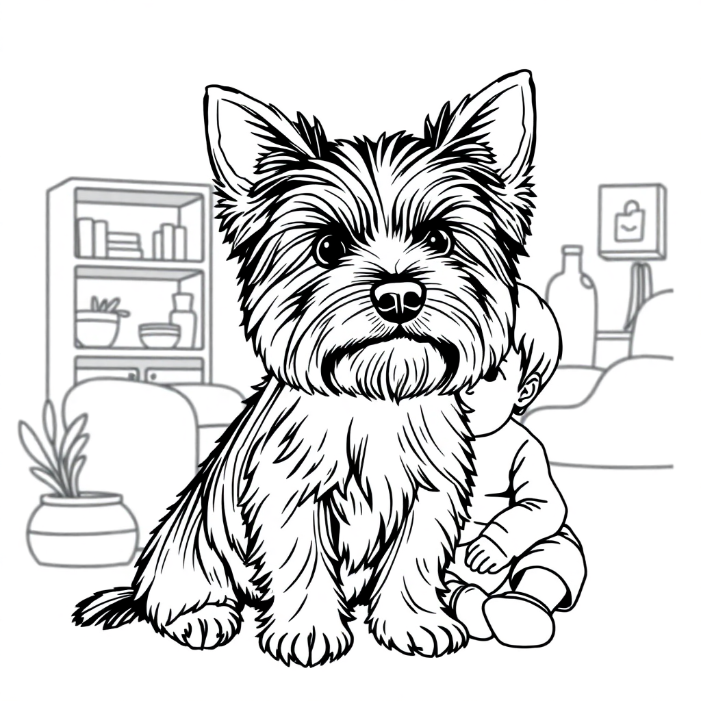 Yorkshire Terrier dog — with a young child in a cozy home setting coloring page Minimal style - free printable