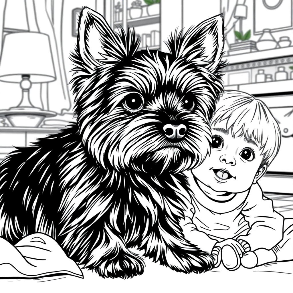 Yorkshire Terrier dog — with a young child in a cozy home setting coloring page Rockwell style free printable