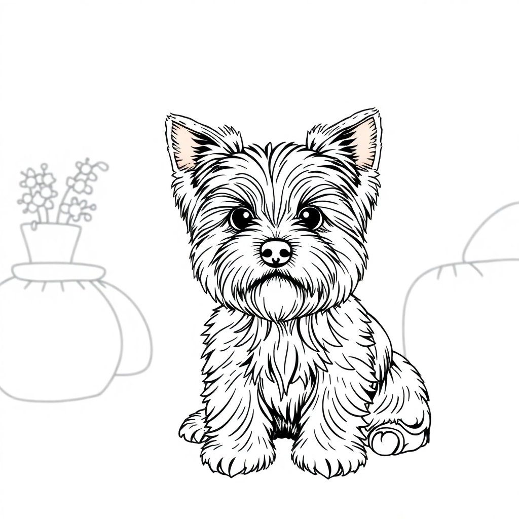 Yorkshire Terrier dog — with a young child in a cozy home setting coloring page Stipple style - free printable