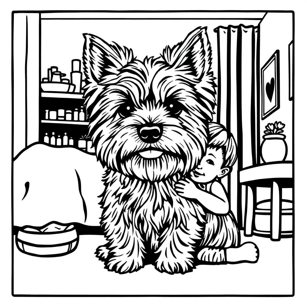 Yorkshire Terrier dog — with a young child in a cozy home setting coloring page Woodcut style - free printable