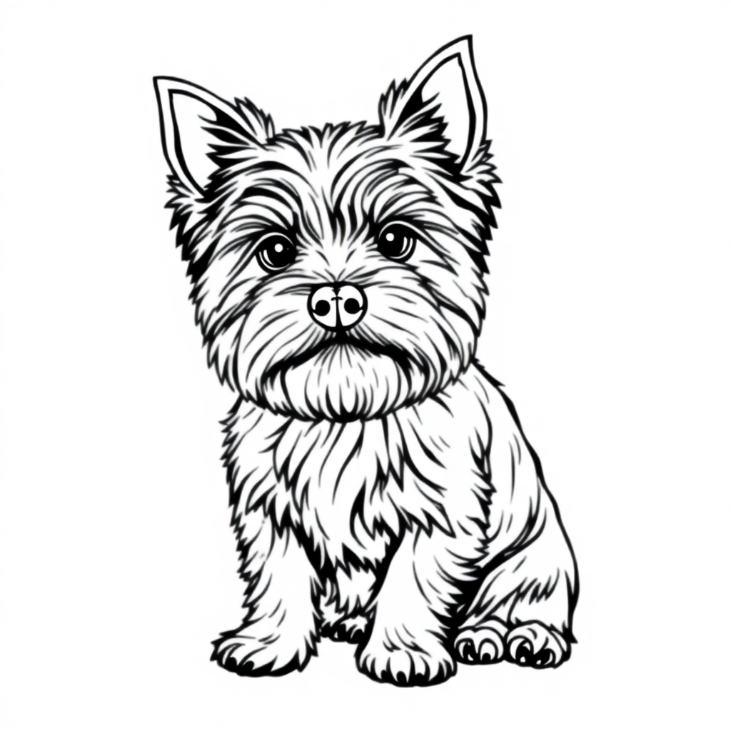 Yorkshire Terrier dog — sitting portrait, looking at viewer, friendly expression coloring page Contour style free printable