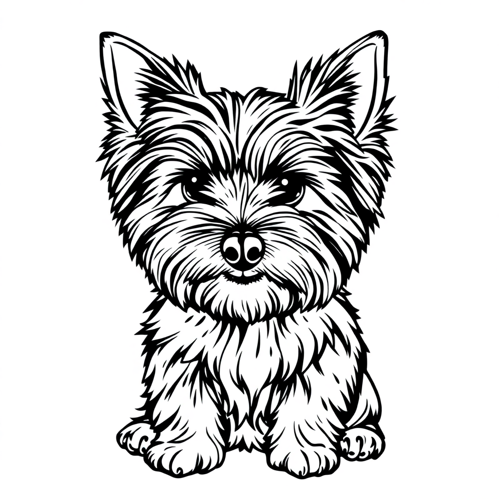 Yorkshire Terrier dog — sitting portrait, looking at viewer, friendly expression coloring page Manga style free printable
