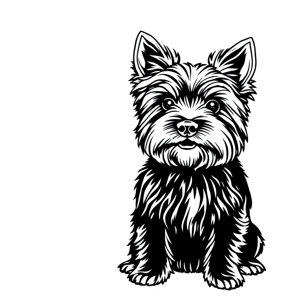 Yorkshire Terrier dog — sitting portrait, looking at viewer, friendly expression coloring page Minimal style free printable