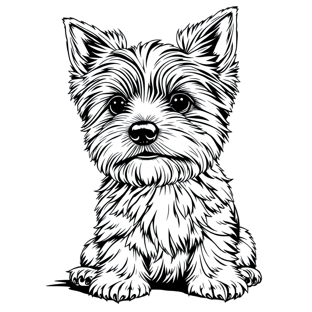 Yorkshire Terrier dog — sitting portrait, looking at viewer, friendly expression coloring page Rockwell style free printable