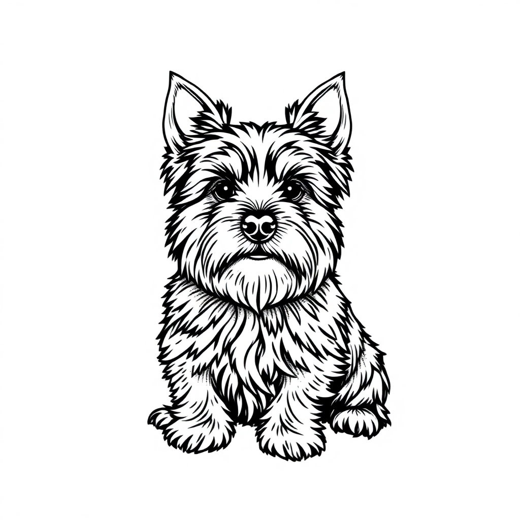 Yorkshire Terrier dog — sitting portrait, looking at viewer, friendly expression coloring page Stipple style free printable