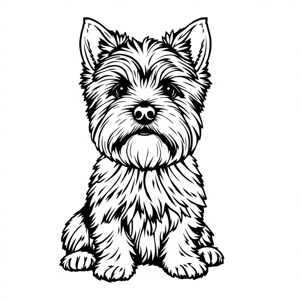 Yorkshire Terrier dog — sitting portrait, looking at viewer, friendly expression coloring page Woodcut style free printable