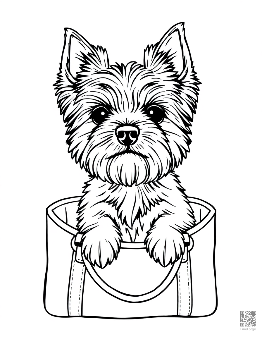 Free yorkshire terrier sitting in a handbag coloring page in contour style — printable line art