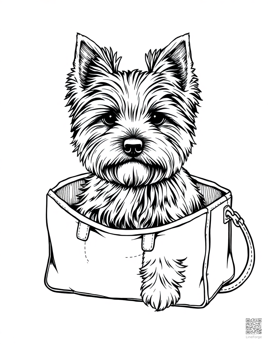 yorkshire terrier sitting in a handbag coloring page Crosshatch style - free printable