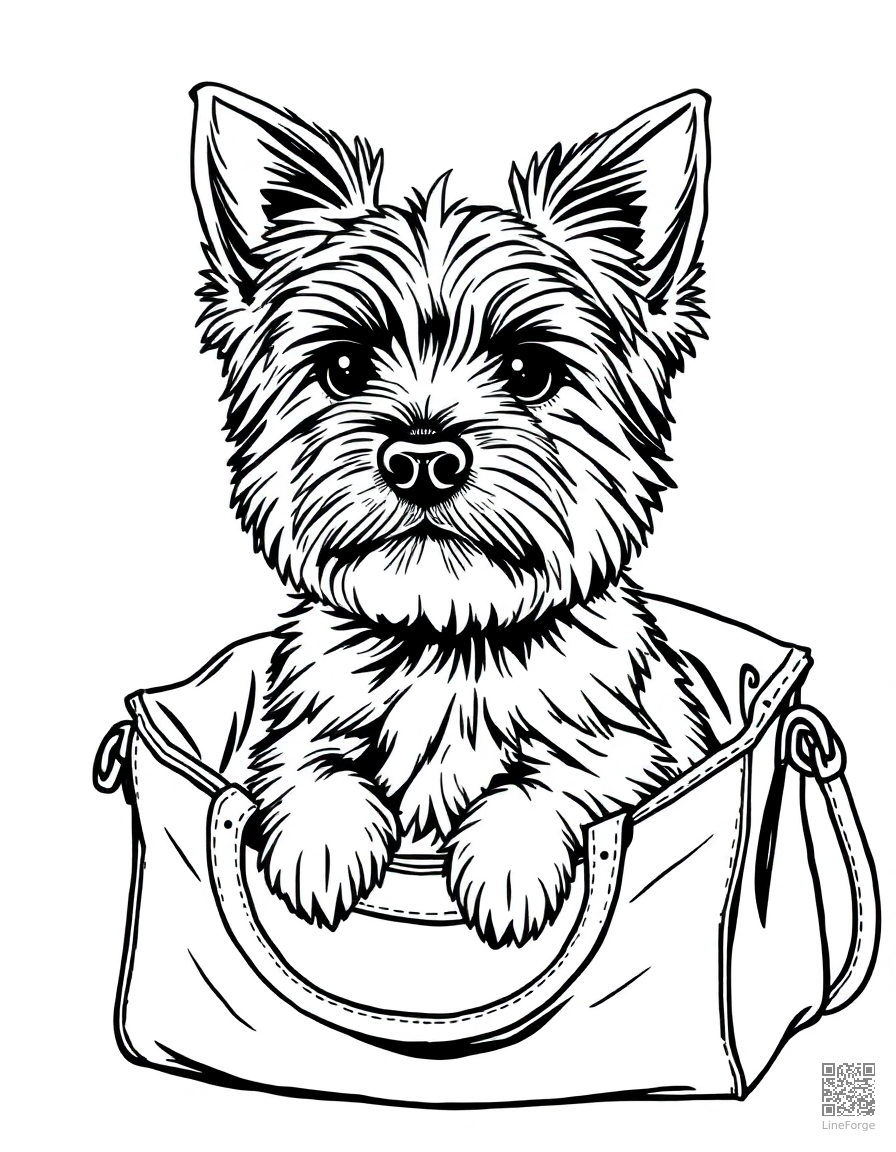 Free yorkshire terrier sitting in a handbag coloring page in manga style — printable line art