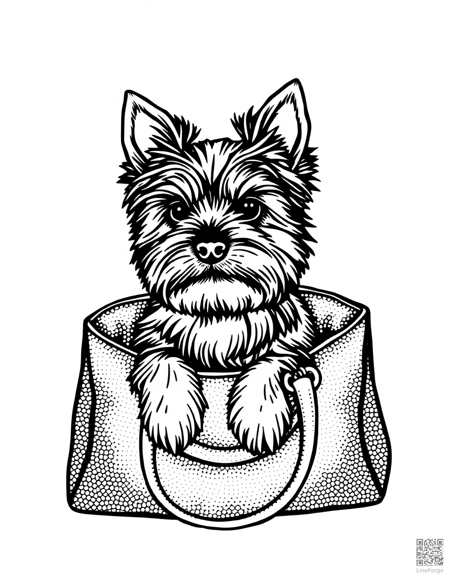 Free yorkshire terrier sitting in a handbag coloring page in stipple style — printable line art