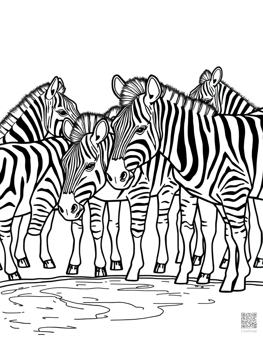 Free zebra herd at a watering hole coloring page in contour style — printable line art