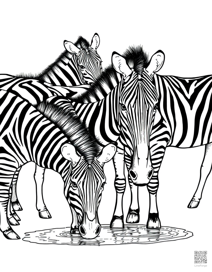 Free zebra herd at a watering hole coloring page in crosshatch style — printable line art