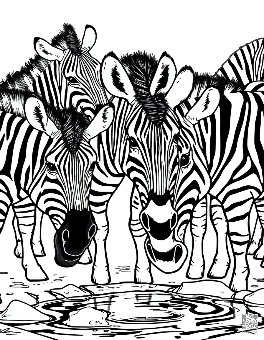 Free zebra herd at a watering hole coloring page in manga style — printable line art