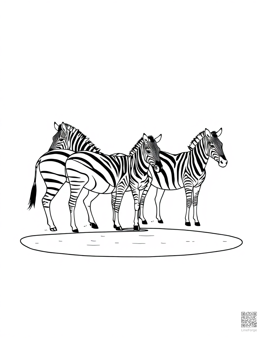Free zebra herd at a watering hole coloring page in minimal style — printable line art