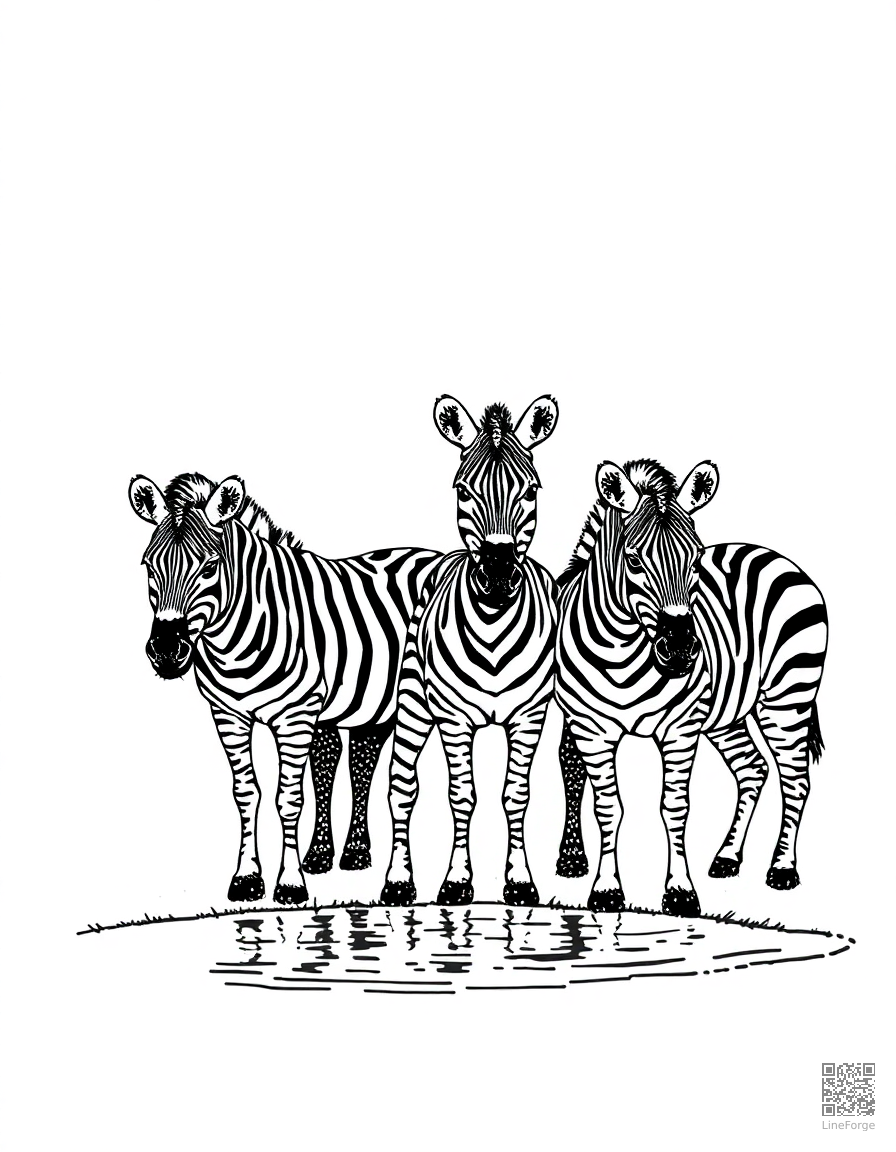Free zebra herd at a watering hole coloring page in stipple style — printable line art