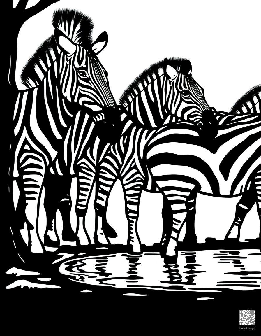 Free zebra herd at a watering hole coloring page in woodcut style — printable line art