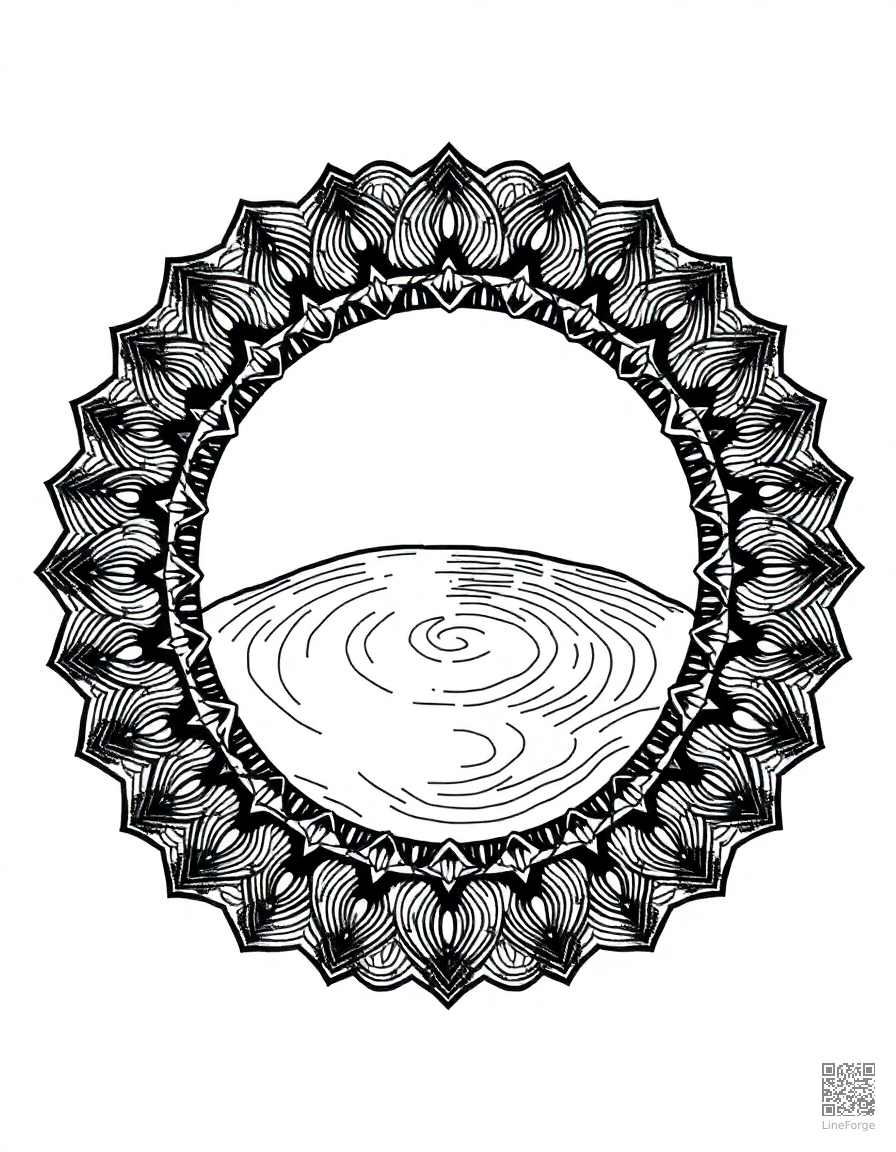 zen garden mandala with raked sand patterns coloring page Crosshatch style - free printable