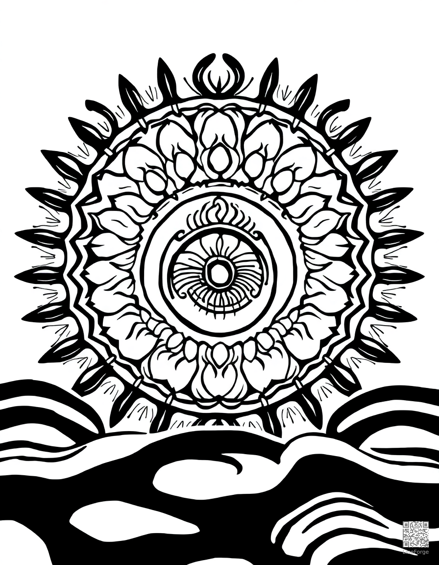 zen garden mandala with raked sand patterns coloring page Woodcut style - free printable