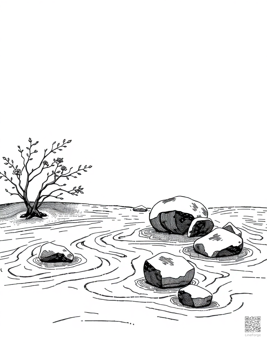 zen garden with raked sand and stones coloring page Crosshatch style - free printable