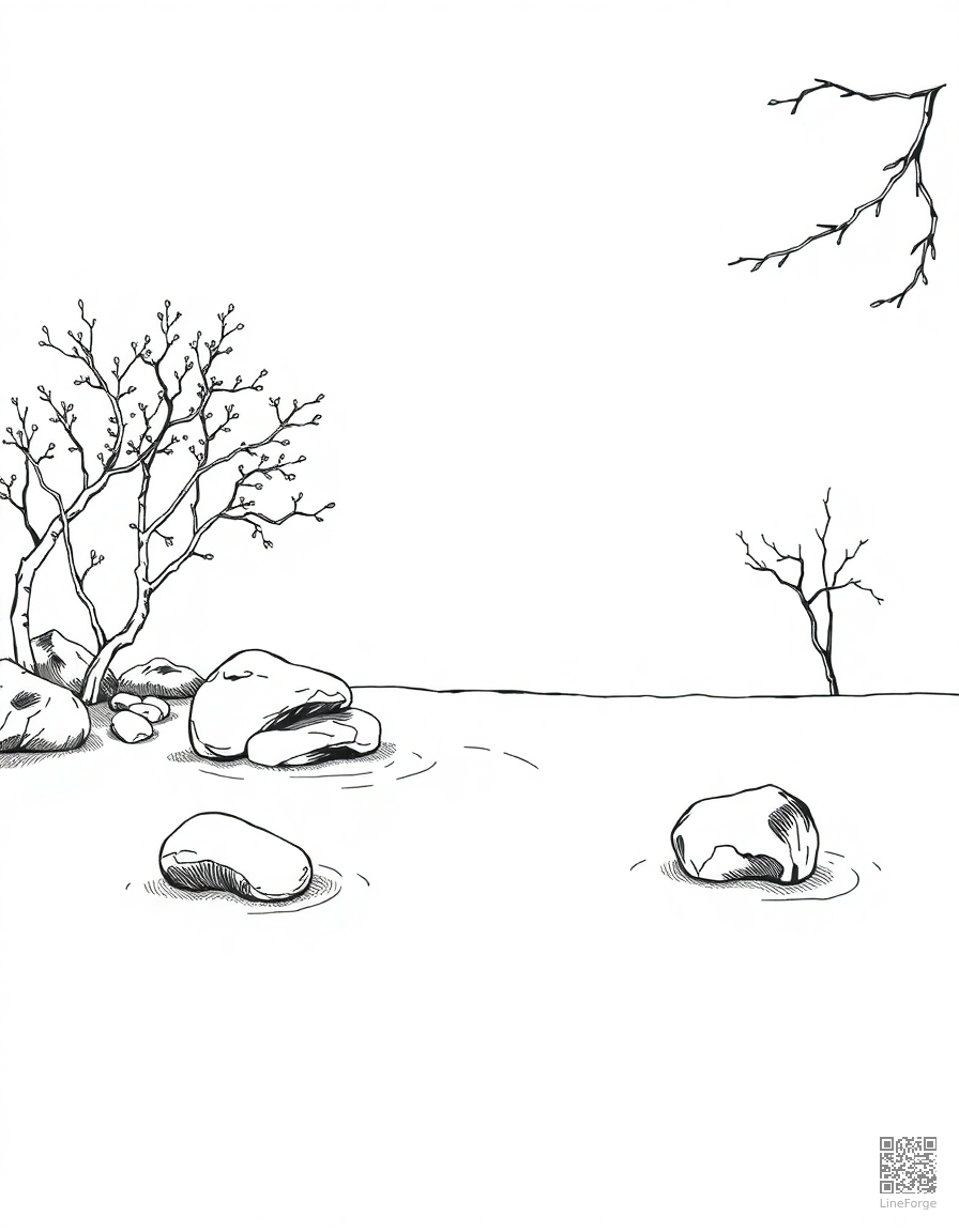 zen garden with raked sand and stones coloring page Manga style - free printable