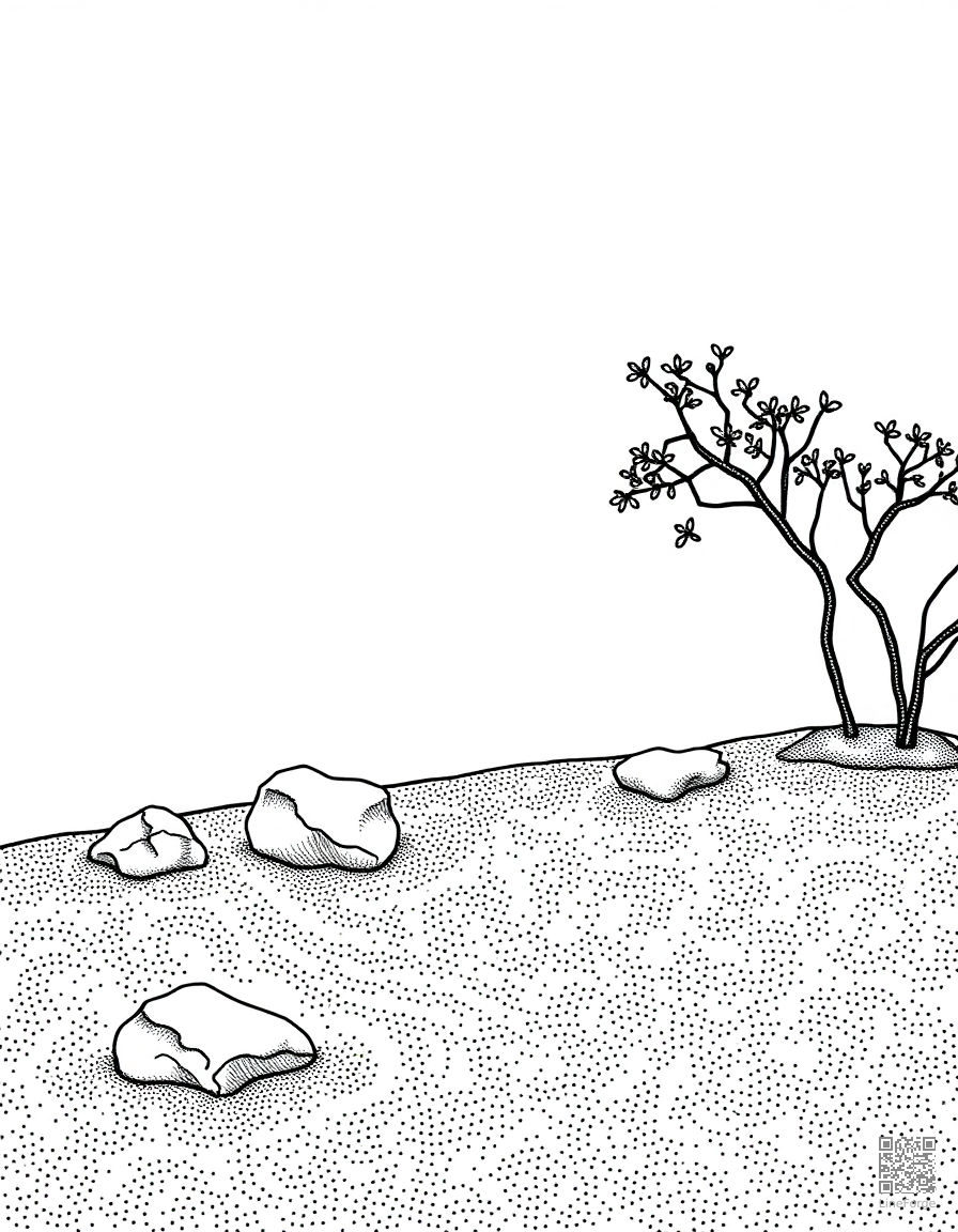 zen garden with raked sand and stones coloring page Stipple style - free printable
