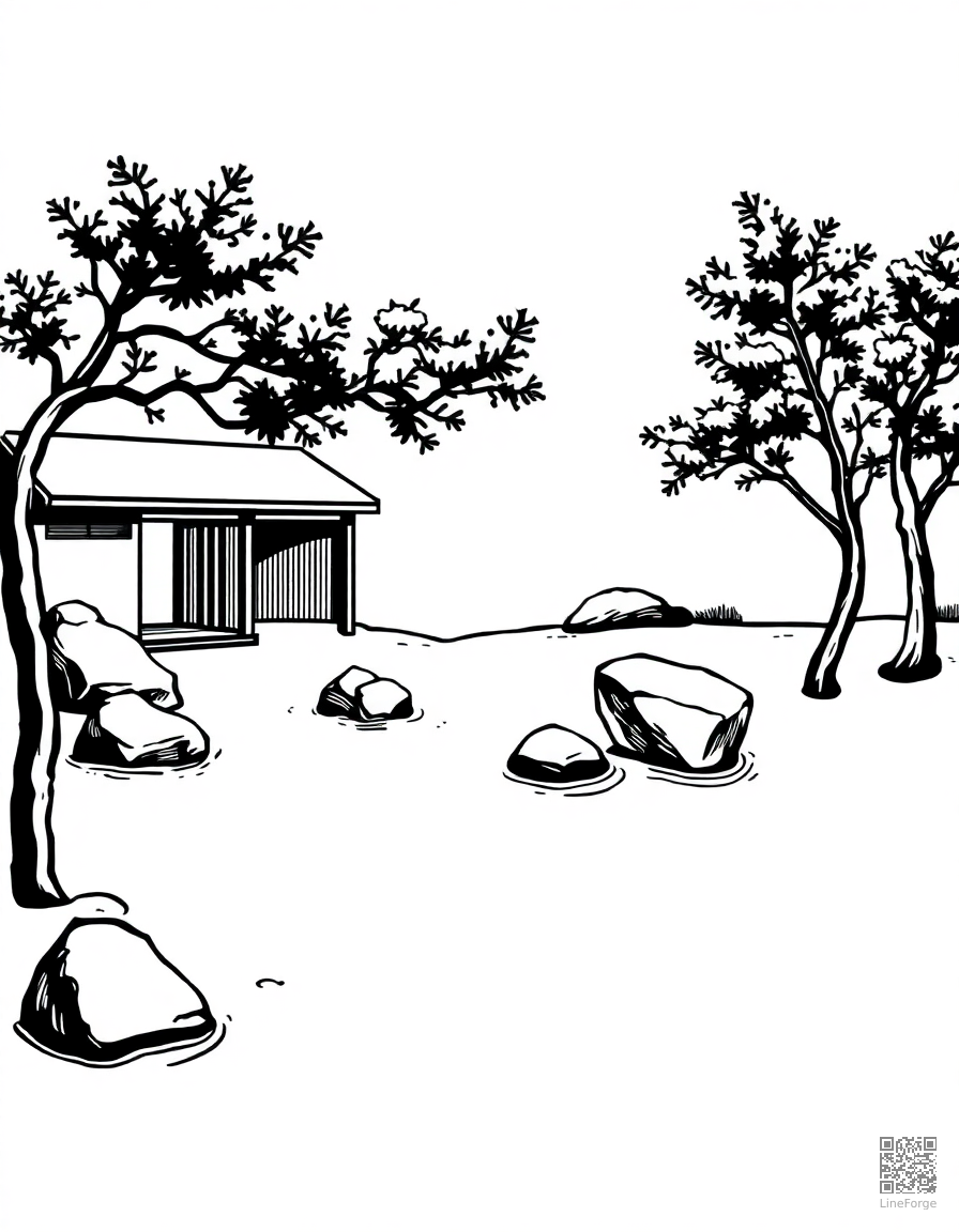 zen garden with raked sand and stones coloring page Woodcut style - free printable