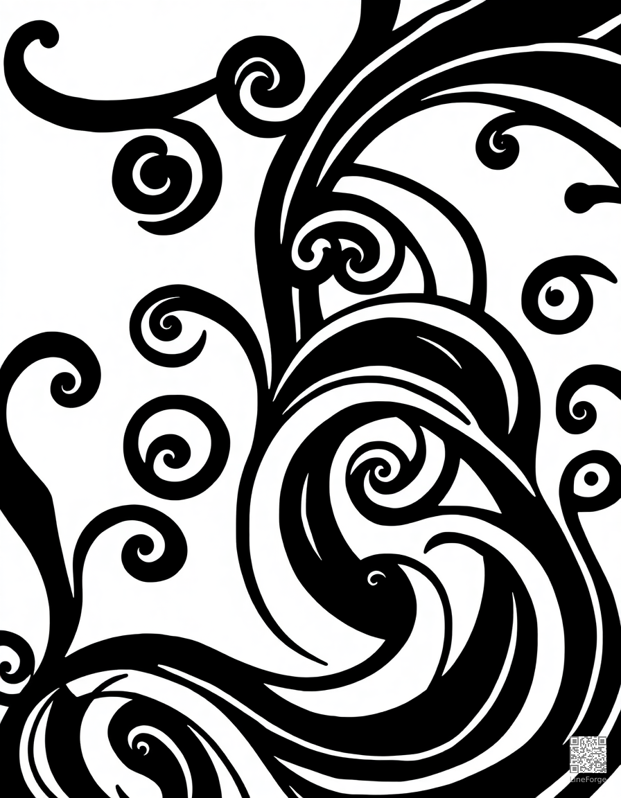 Zentangle abstract pattern with swirls coloring page Woodcut style free printable