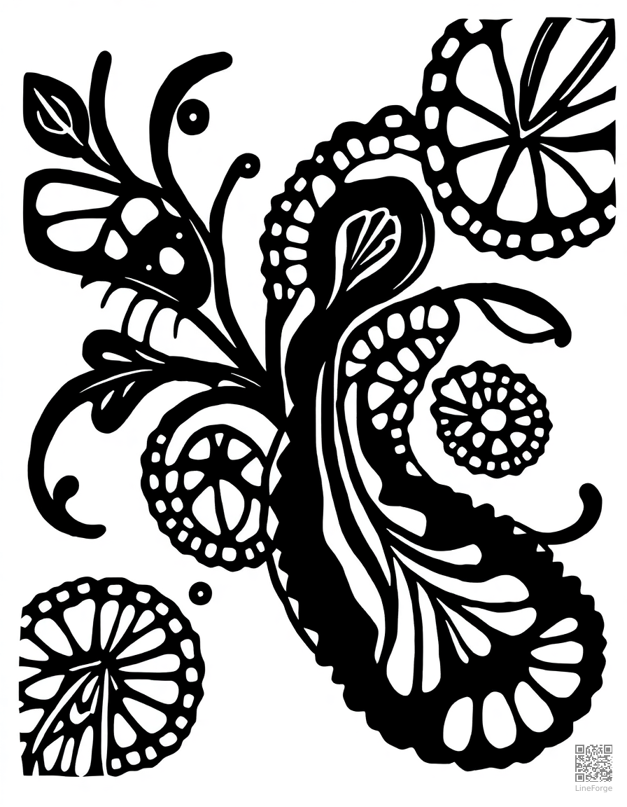 zentangle pattern with organic shapes coloring page Woodcut style - free printable