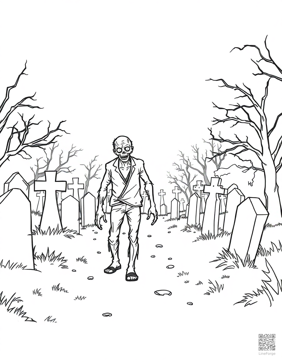 zombie walking through a foggy graveyard coloring page Contour style - free printable