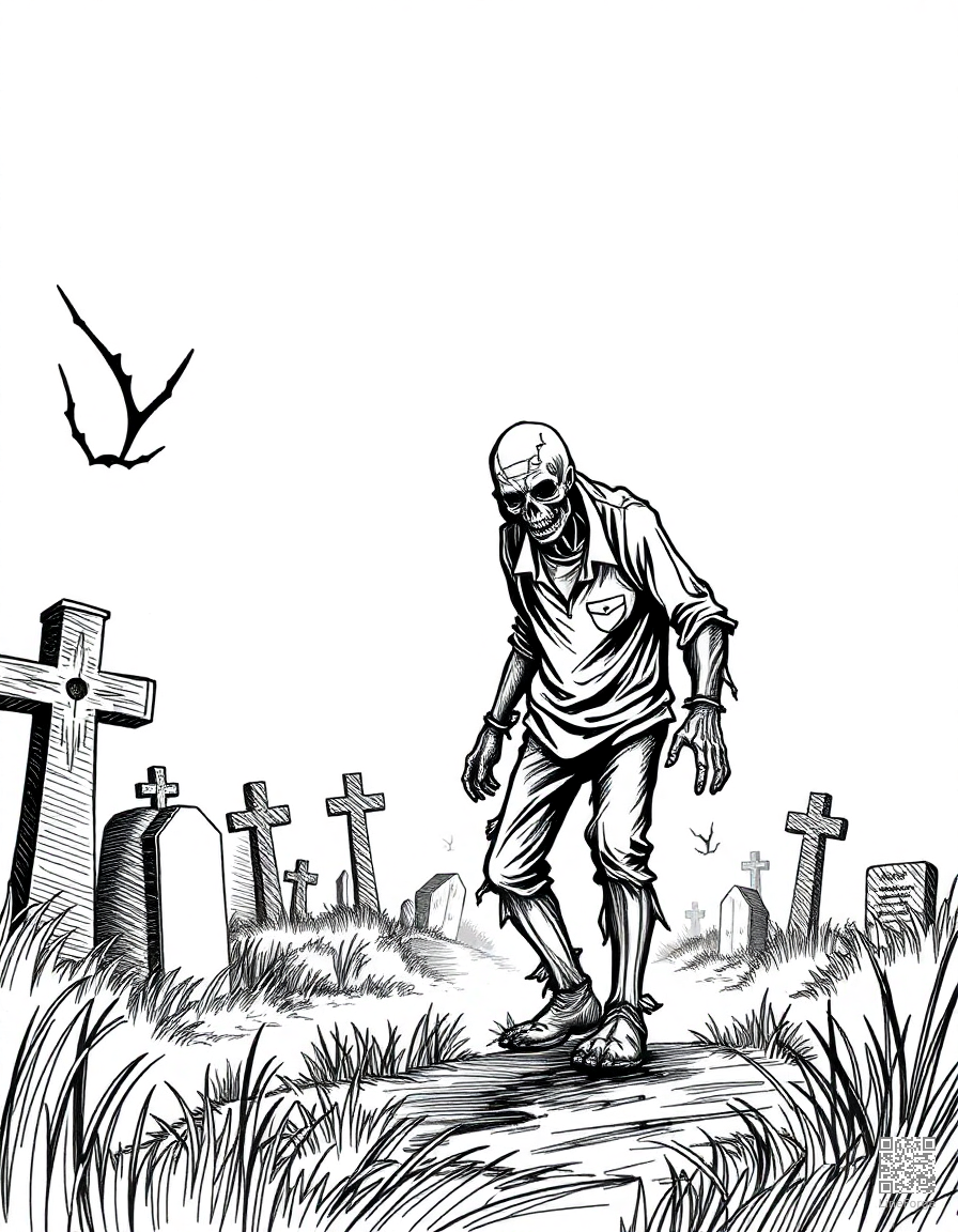 zombie walking through a foggy graveyard coloring page Crosshatch style - free printable