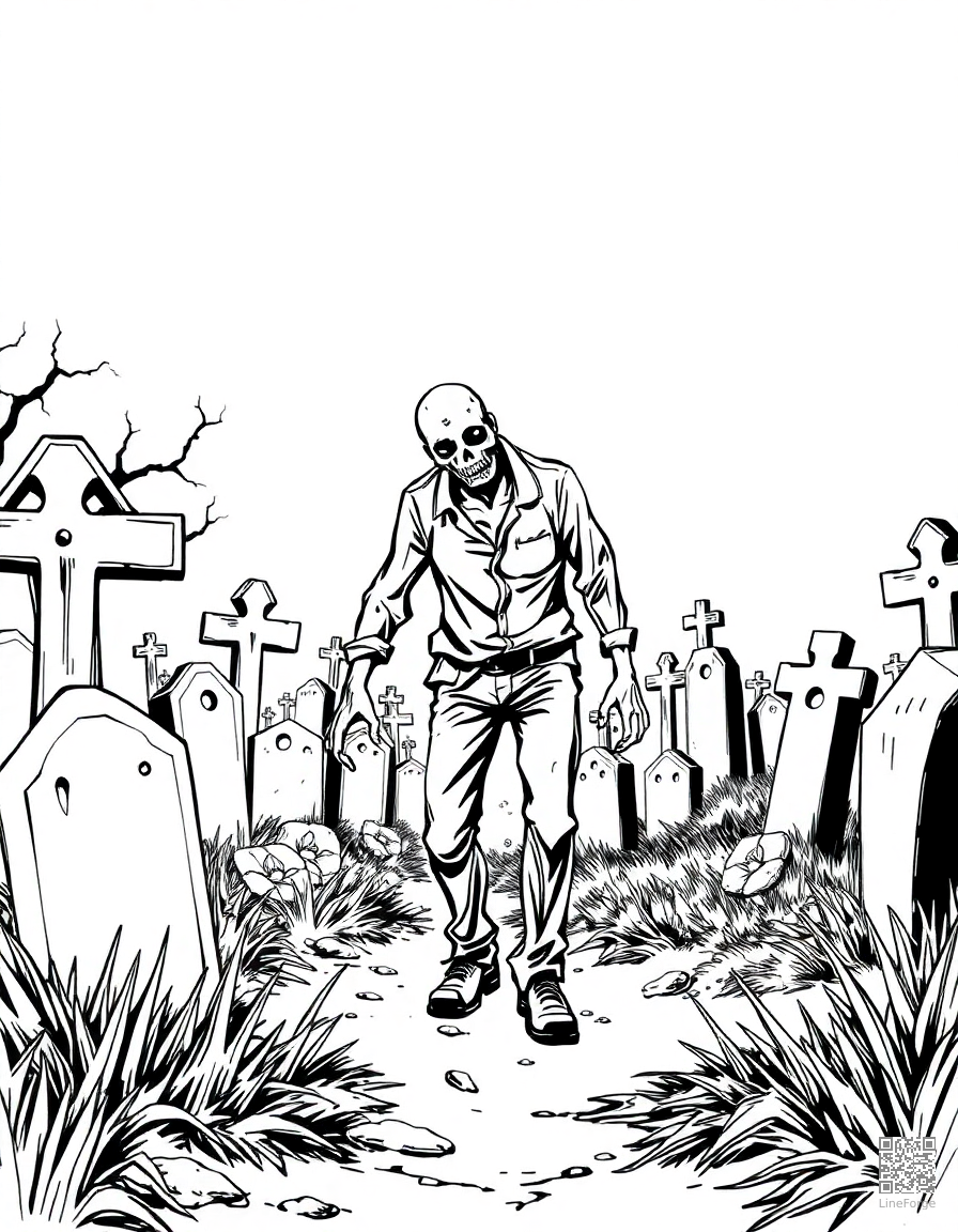 zombie walking through a foggy graveyard coloring page Manga style - free printable