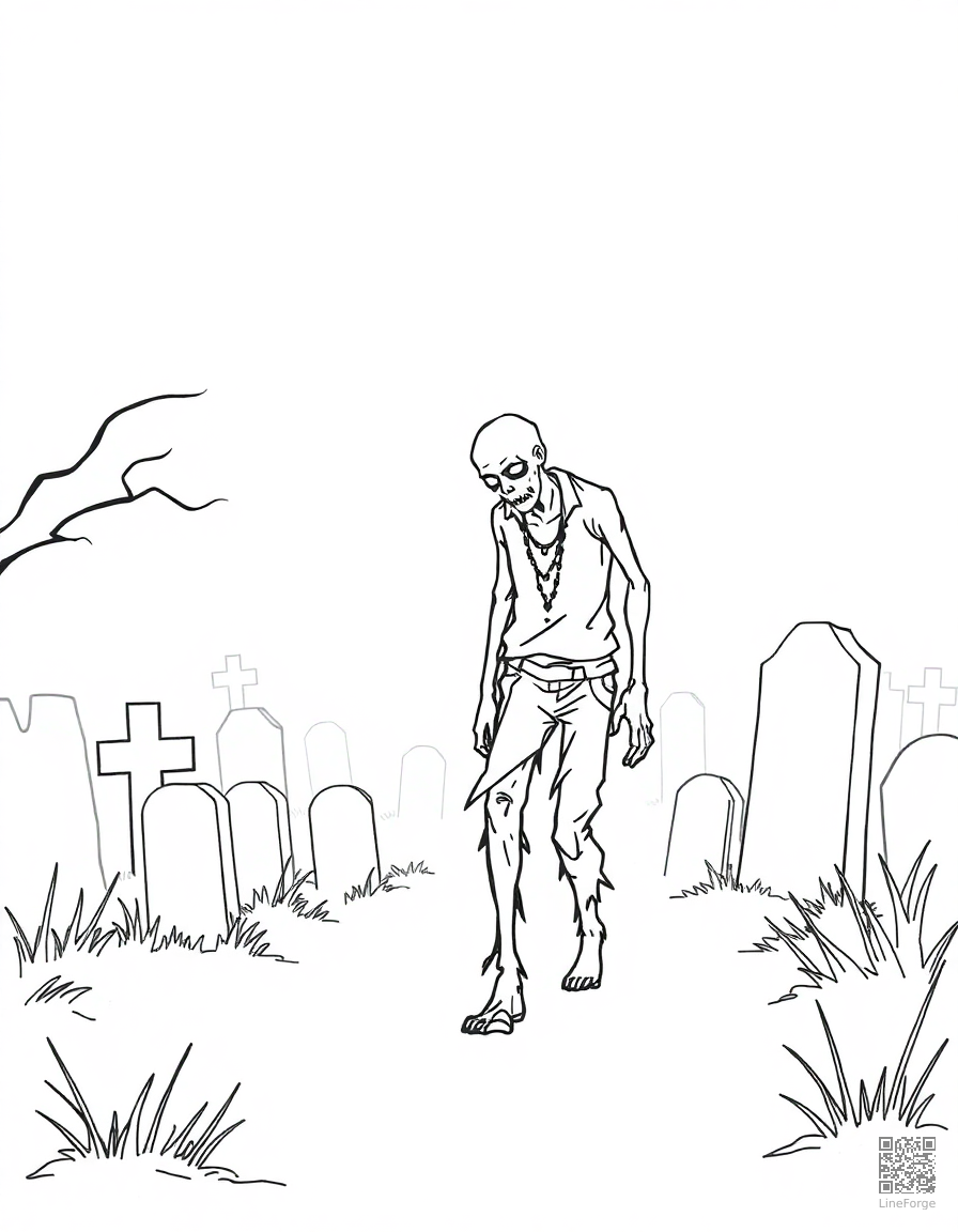 zombie walking through a foggy graveyard coloring page Minimal style - free printable