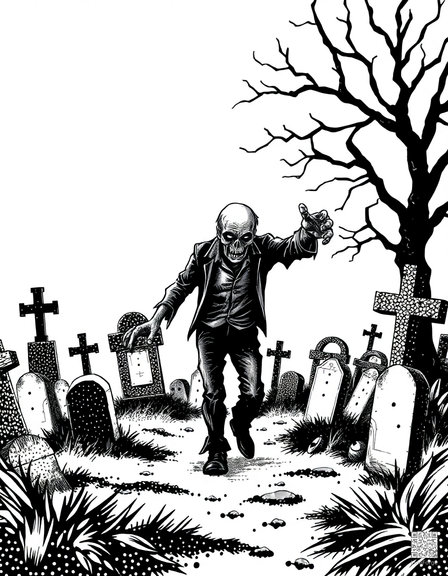 zombie walking through a foggy graveyard coloring page Stipple style - free printable