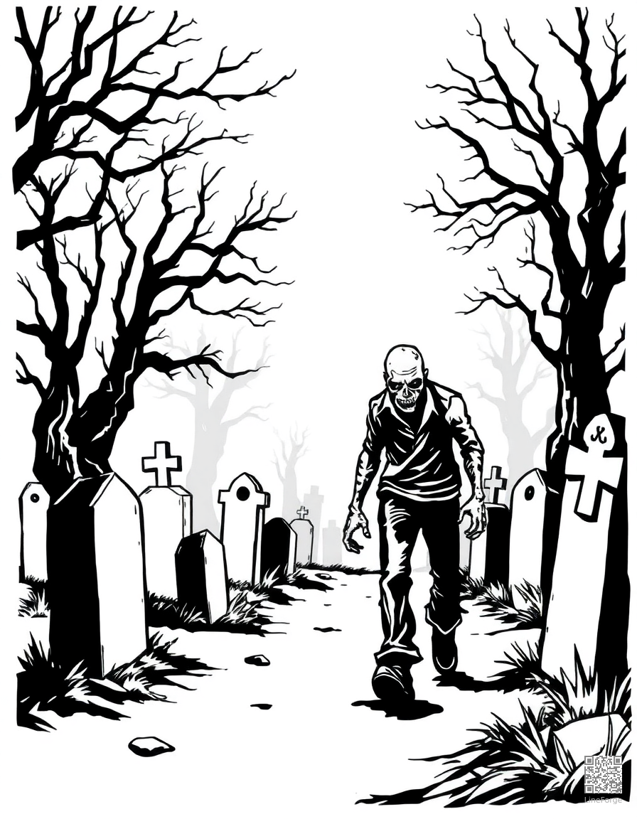 zombie walking through a foggy graveyard coloring page Woodcut style - free printable